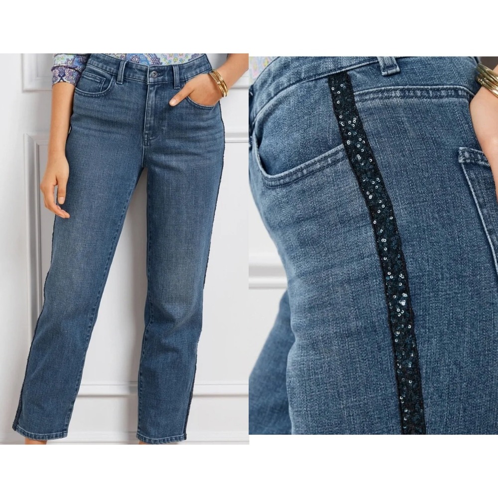 Talbots Womens High Waist Straight Ankle Jeans Sequin Tuxedo Stripe Size‎ 16P